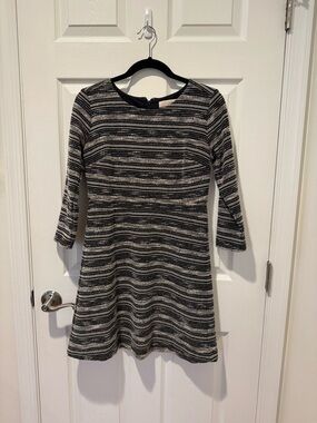 LOFT Black and White Striped Long Sleeve Fit-and-Flare Dress